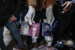 Passports of officials working at the US-based international volunteer aid organization World Central Kitchen (WCK) seen after an Israeli attack in Gaza.