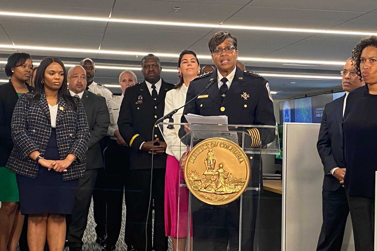 D.C. officials, including Police Chief Pamela Smith, cut the ribbon the new Real Time Crime Center. (WTOP/John Domen)