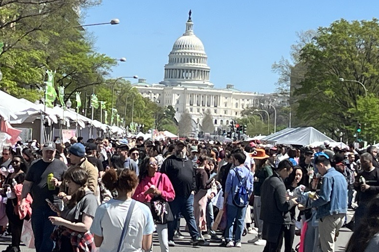 People walking in the street, with the U.S. Capitol building in the background.
