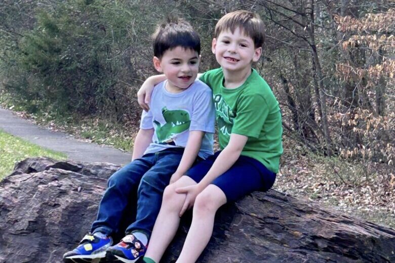 brothers sit on top of a rock