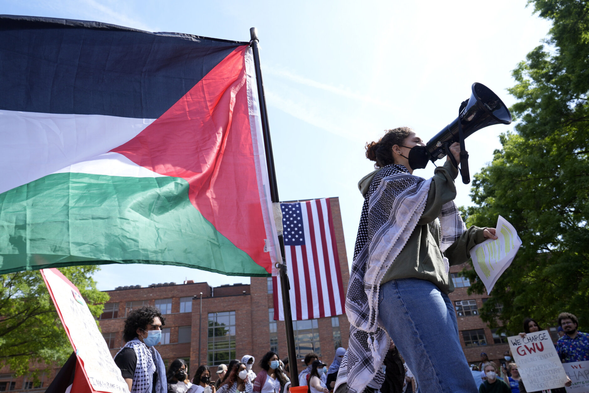 Demonstrators hold a mock trial on the campus of George Washington University in Washington, Friday, May 3, 2024, to protest the Israel-Hamas war. (AP Photo/Susan Walsh)