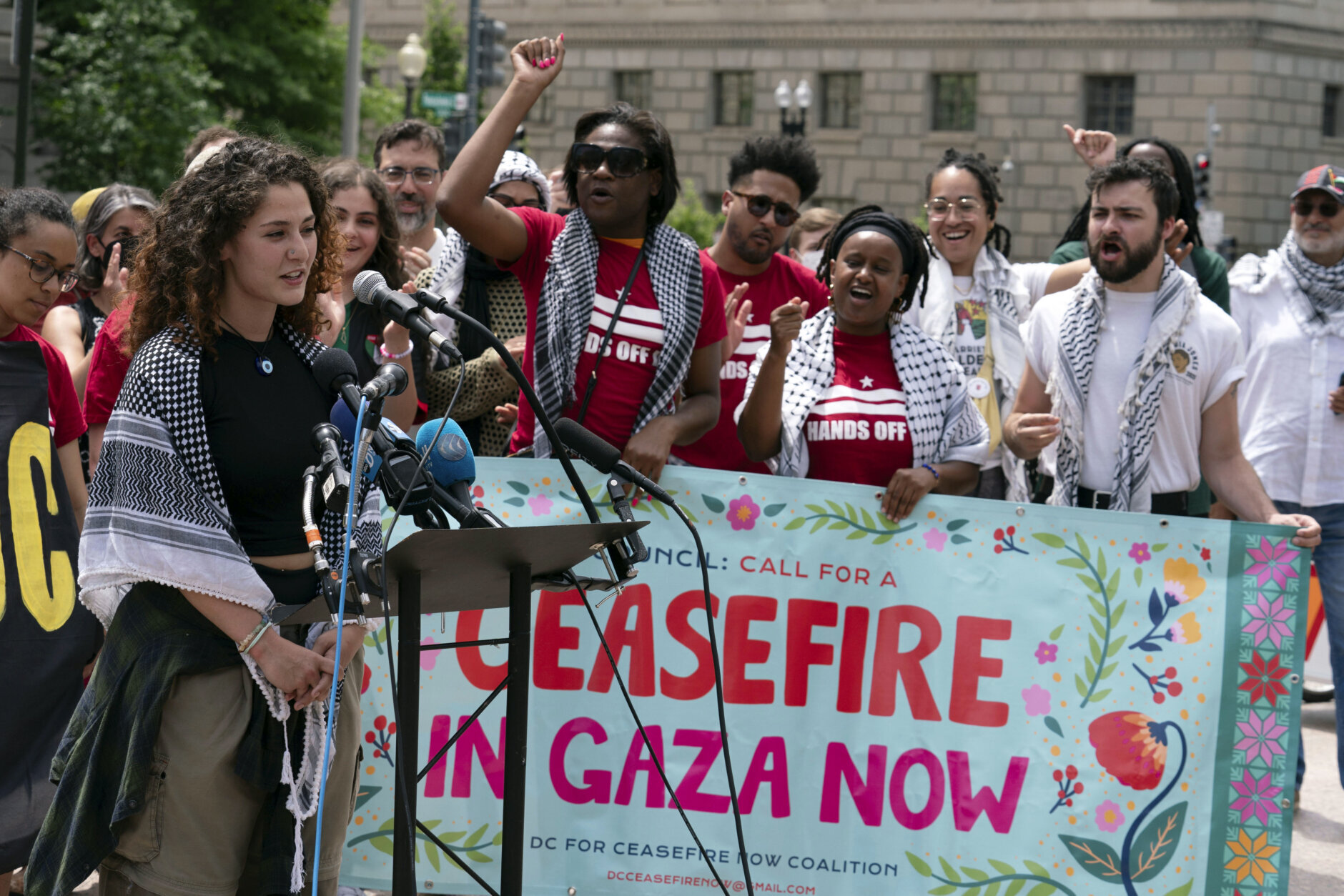 George Washington University student Noor speaks during a news conference after police cleared a pro-Palestinian tent encampment at George Washington University early Wednesday and arrested demonstrators, Wednesday, May 8, 2024, in Washington. (AP Photo/Jose Luis Magana)