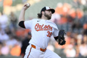 Baltimore Orioles starting pitcher Corbin Burnes throws during the second inning of a baseball game against the Toronto Blue Jays, Monday, May 13, 2024, in Baltimore. (AP Photo/Nick Wass)