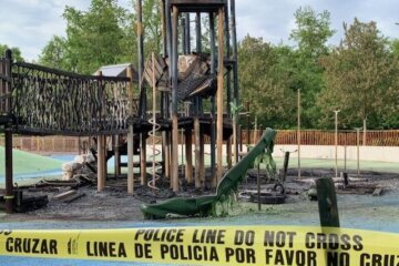 A photo of the burned down playground at Greenbriar Local Park.