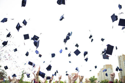 grad caps in air