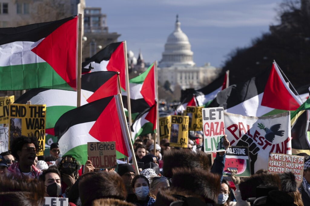 Hundreds of pro-Palestinian protesters rally in Washington to mark a painful present and past