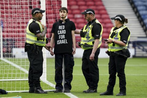 Protestor chains himself to a goalpost ahead of Scotland-Israel women’s match