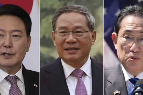 Leaders of South Korea, China and Japan will meet Monday for their first trilateral talks since 2019