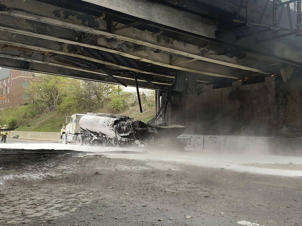 A fiery crash involving tanker carrying gas closes I-95 in Connecticut in both directions