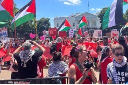 Thousands of pro-Palestinian activists gathered around the White House Saturday in protest of President Joe Biden’s handling of the war in Gaza. (WTOP/Grace Newton)