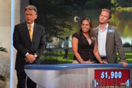 Host Pat Sajak, contestant Megan Sippey and actor Neil Patrick Harris make an apperance at Radio City Music Hall for a taping of celebrity week on "Wheel of Fortune" hosted by People Magazine. The taped shows will air the week of November 12 to celebrate the shows 25th anniversary in New York, Saturday, Sept. 29, 2007. (AP Photo/Peter Kramer)