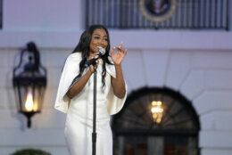 Singer and actress Patina Miller performs during a Juneteenth concert on the South Lawn of the White House in Washington, Monday, June 10, 2024. (AP Photo/Susan Walsh)