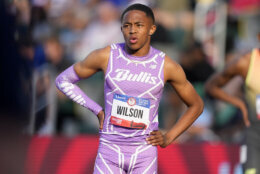 Quincy Wilson waits to start a heat in the men's 400-meter semi-final during the U.S. Track and Field Olympic Team Trials Sunday, June 23, 2024, in Eugene, Ore. (AP Photo/Charlie Neibergall)