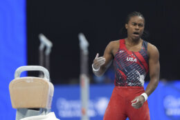 Khoi Young competes on the pommel horse at the United States Gymnastics Olympic Trials on Saturday, June 29, 2024, in Minneapolis. (AP Photo/Abbie Parr)