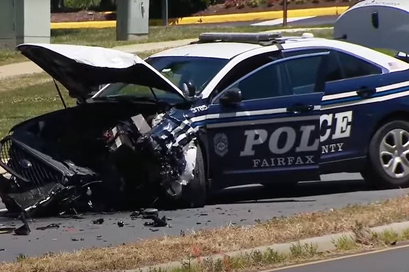 A man stole a Fairfax County police cruiser and then crashed into another cruiser Friday, injuring two officers, authorities in the Virginia county say.  (Courtesy 7News)