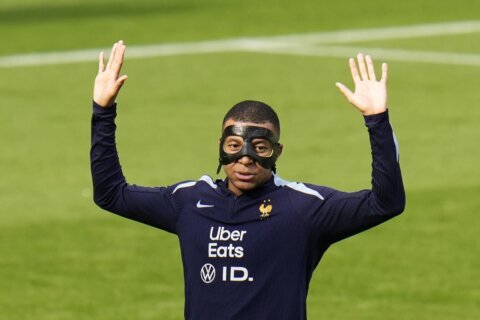 Kylian Mbappé is getting used to his new mask ahead of France’s game against Poland, teammate says