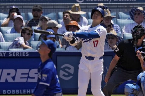 Ohtani has second 2-homer game of season as Dodgers blank Royals 3-0. Betts’ hand broken in the 7th