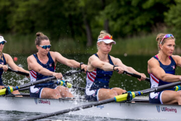 Claire Collins, second from right, rows in the Women's Eight. 