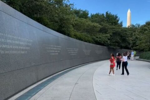 people walking in front of Martin Luther King Jr memorial
