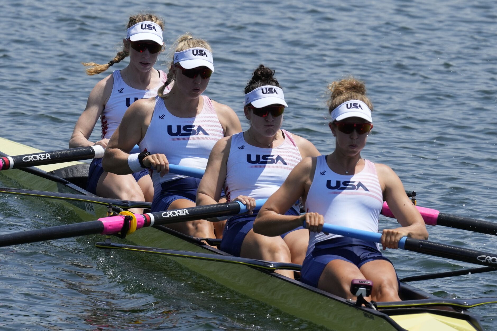 Madeleine Wanamaker, Claire Collins, Kendall Chase, Grace Luczak, of the United States, compete in the women's four at the 2020 Summer Olympics, Saturday, July 24, 2021, in Tokyo, Japan. (AP Photo/Darron Cummings)