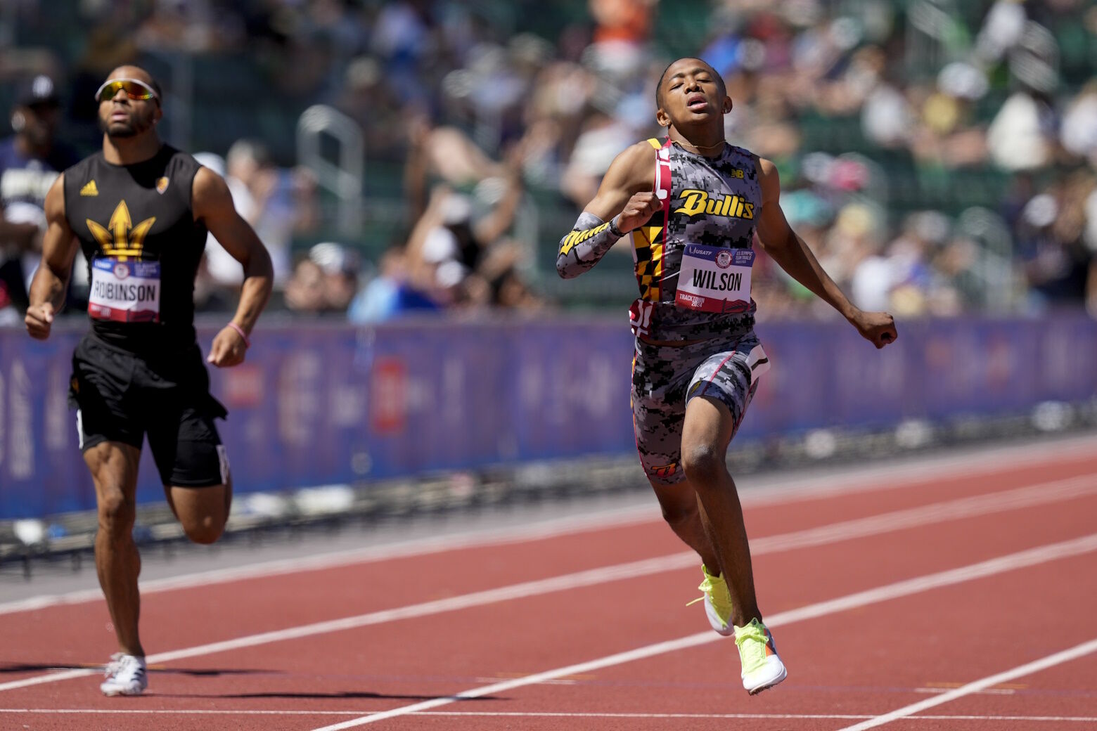 Quincy Wilson wins a heat men's 400-meter run during the U.S. Track and Field Olympic Team Trials Friday, June 21, 2024, in Eugene, Ore. (AP Photo/Charlie Neibergall)