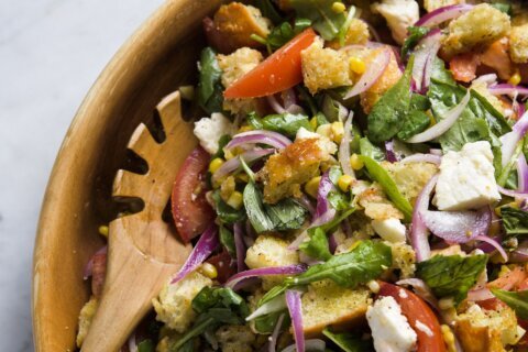 Marinated tomatoes and crisp corn bring punchy summer flavors to bread salad