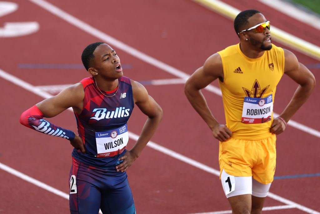 EUGENE, OREGON - JUNE 24: Quincy WIlson and Justin Robinson compete in the men's 400 meter final on Day Four of the 2024 U.S. Olympic Team Track &amp; Field Trials at Hayward Field on June 24, 2024 in Eugene, Oregon. (Photo by Christian Petersen/Getty Images)