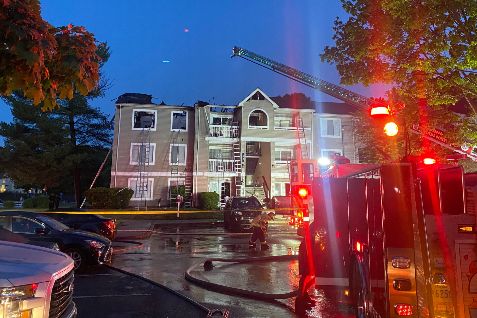 Fire engine on scene of apartment building fire