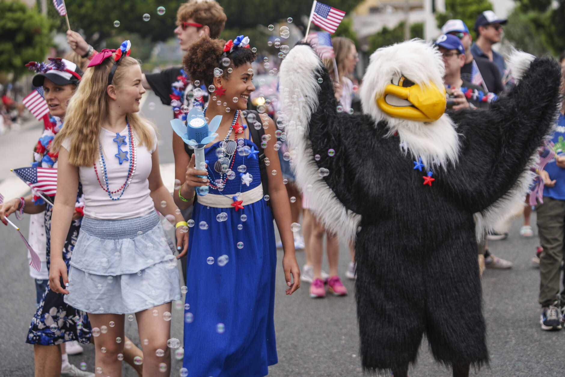 A mascot dressed as an American Eagle