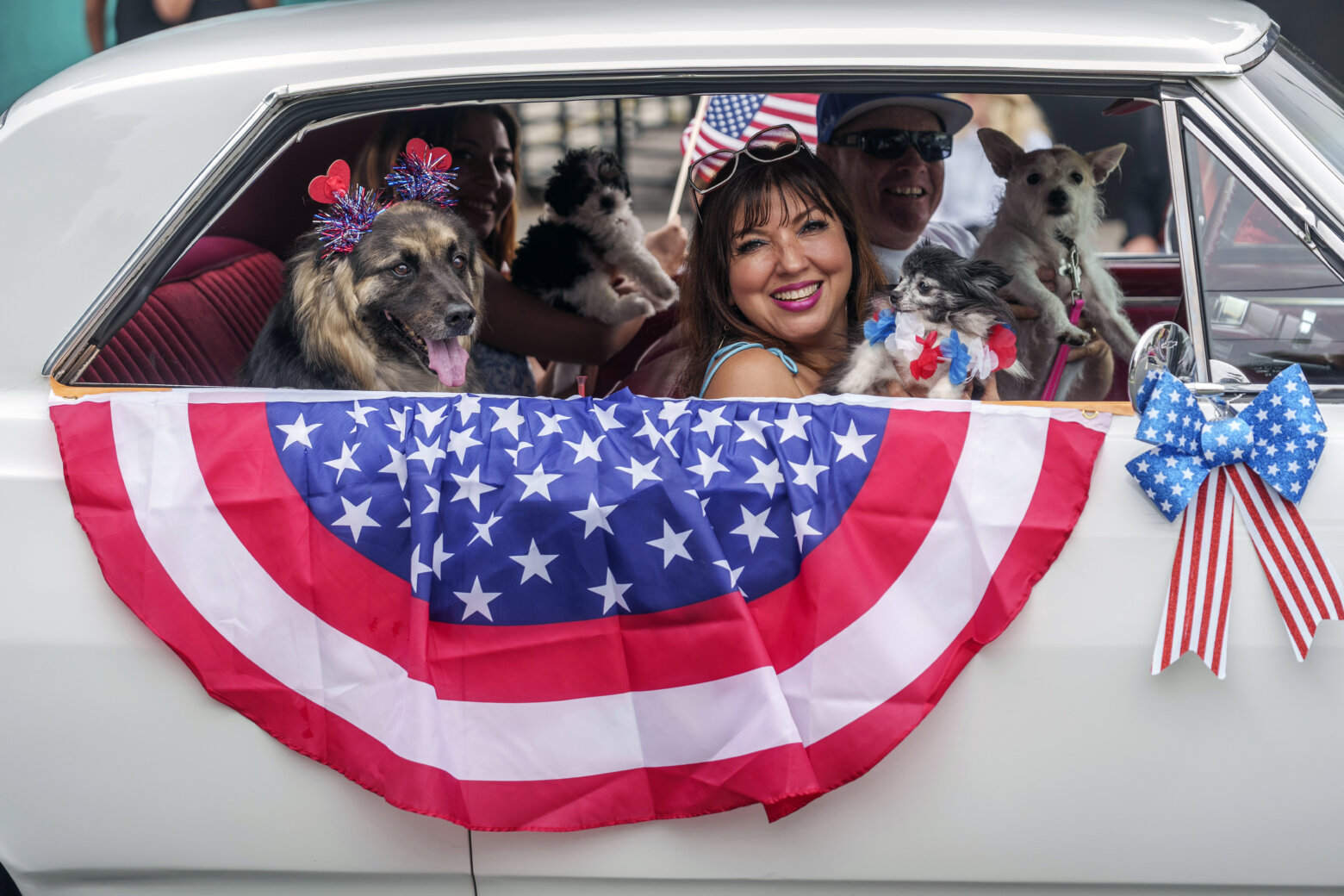 Members of "Love Leo Rescue" a local animal rescue service, ride a vintage car at the 17th Santa Monica 4th of July parade in Santa Monica, Calif., on Thursday, July 4, 2024.