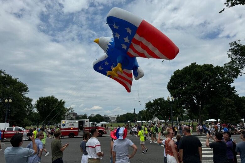 An American Eagle parade float in the air