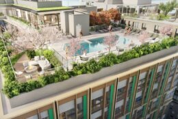 The OZMA apartment building in D.C.'s NoMa neighborhood features a heated rooftop pool with cabanas, sundeck grilling stations and a terrace fireplace. (Courtesy Skanska USA)