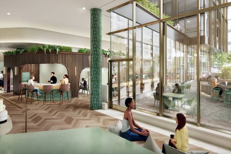The space features a ground-floor secret garden, dining room with catering kitchen, solarium garden, art studio, fitness center and spa, and coworking spaces.  (Courtesy Skanska USA)