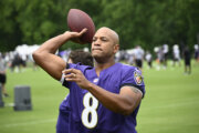 Maryland governor Wes Moore attends the Baltimore Ravens NFL football training camp, Wednesday, July 24, 2024, in Owings Mills, Md. (AP Photo/Nick Wass)