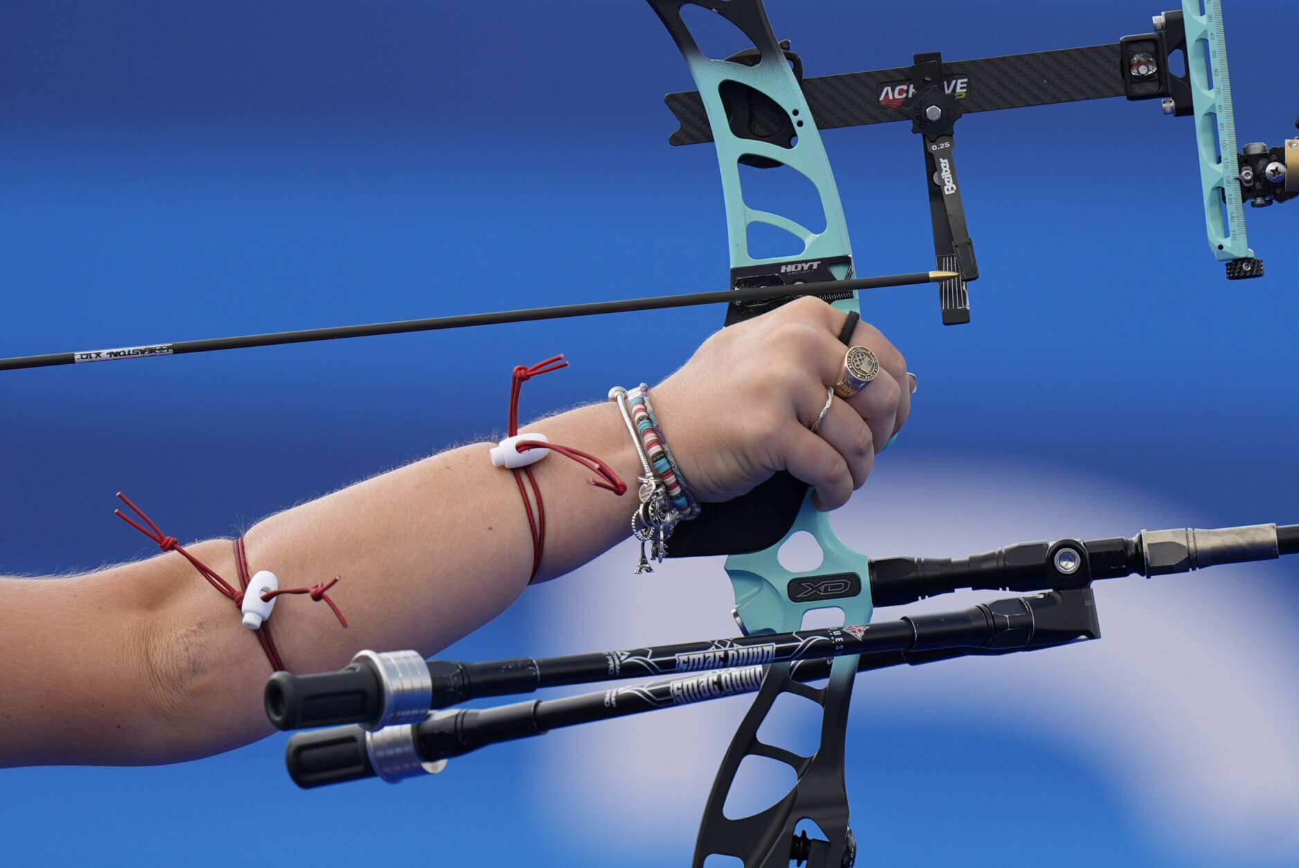 Casey Kaufhold, of the United States, competes along with Brady Ellison during the Archery mixed team quarterfinal against , Japan's Satsuki Noda and Japan's Junya Nakanishi at the 2024 Summer Olympics, Friday, Aug. 2, 2024, in Paris, France. (AP Photo/Brynn Anderson)