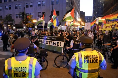 Some protesters tear down security fence as thousands march outside Democratic National Convention