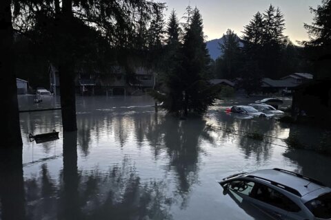 Picturesque glacier releases water down a river in Alaska. More than 100 homes are damaged