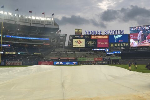 Some Yankee Stadium bleachers fans chant `U-S-A!’ during `O Canada’ before game against Blue Jays