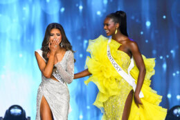 LOS ANGELES, CALIFORNIA - AUGUST 04: Alma Cooper, Miss Michigan USA (L) reacts to winning Miss USA 2024 with Connor Perry, Miss Kentucky USA onstage during the 73rd annual Miss USA Pageant at Peacock Theater on August 04, 2024 in Los Angeles, California.  (Photo by Alberto E. Rodriguez/Getty Images)
