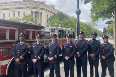 ‘These gentlemen paid the ultimate sacrifice’: Five ghostly, gray fire helmets line Pennsylvania Ave. to honor fallen firefighters from 130 years ago