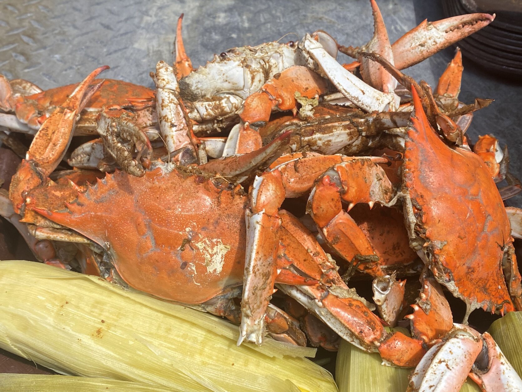 Crabs off the grill with corn