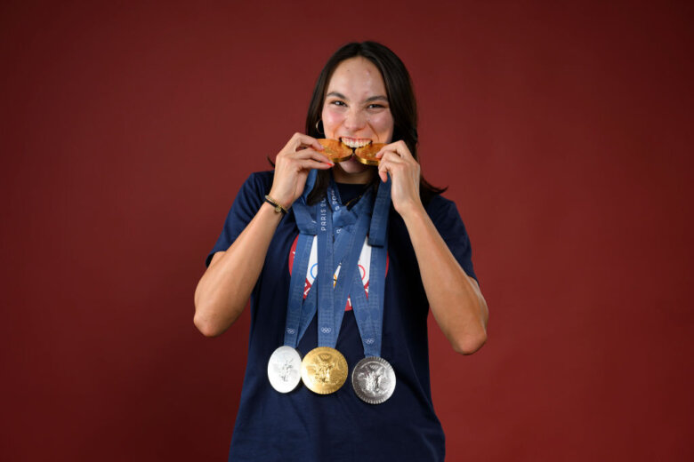 Olympian Torri Huske of Team United States poses on the Today Show Set on August 05, 2024 in Paris, France