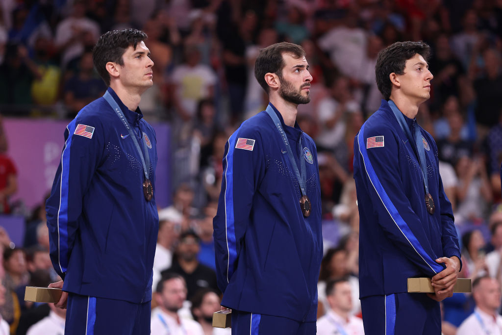 Bronze medalists Matt Anderson, Aaron Russell, Jeffrey II Jendryk of Team United States