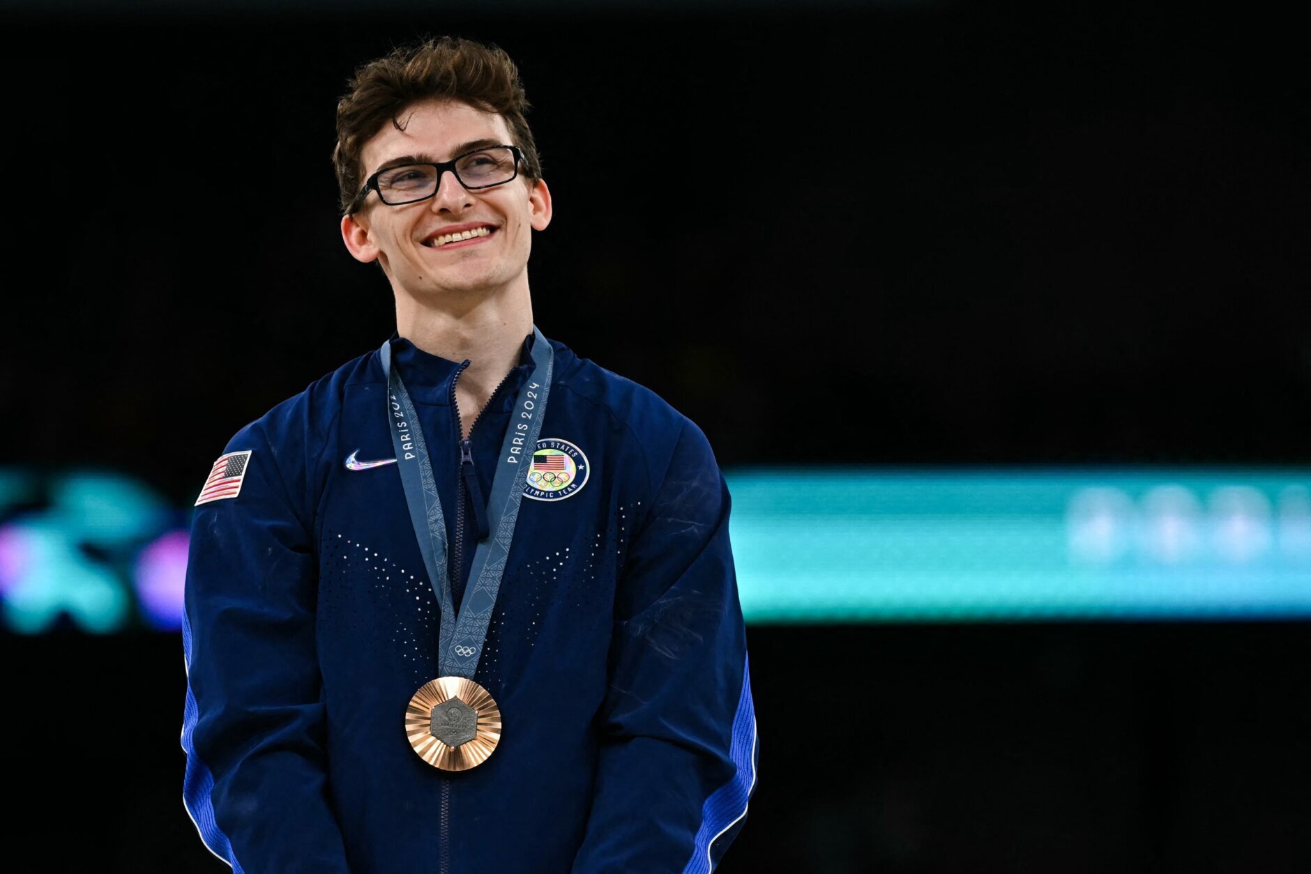 U.S. gymnast Stephen Nedoroscik stands with his bronze medal during the men&#039;s pommel horse final medal ceremony.