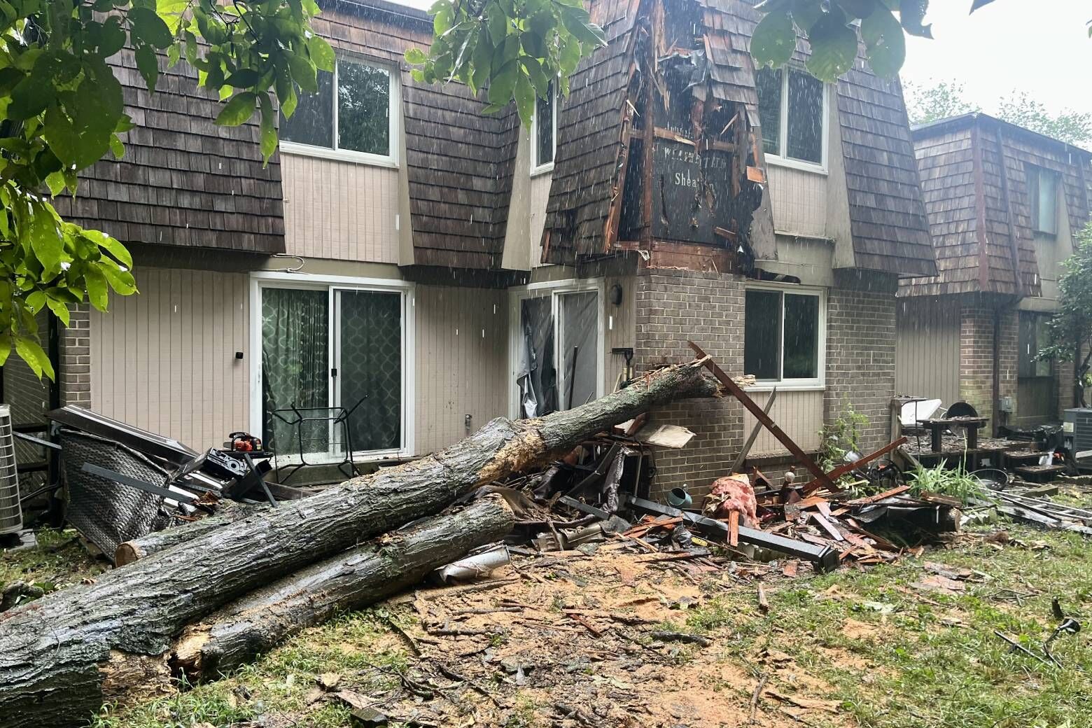 Severe weather spurred by Debby knocked down trees, including one that smashed into a townhouse in Montgomery County, Maryland. (WTOP/Nick Iannelli)