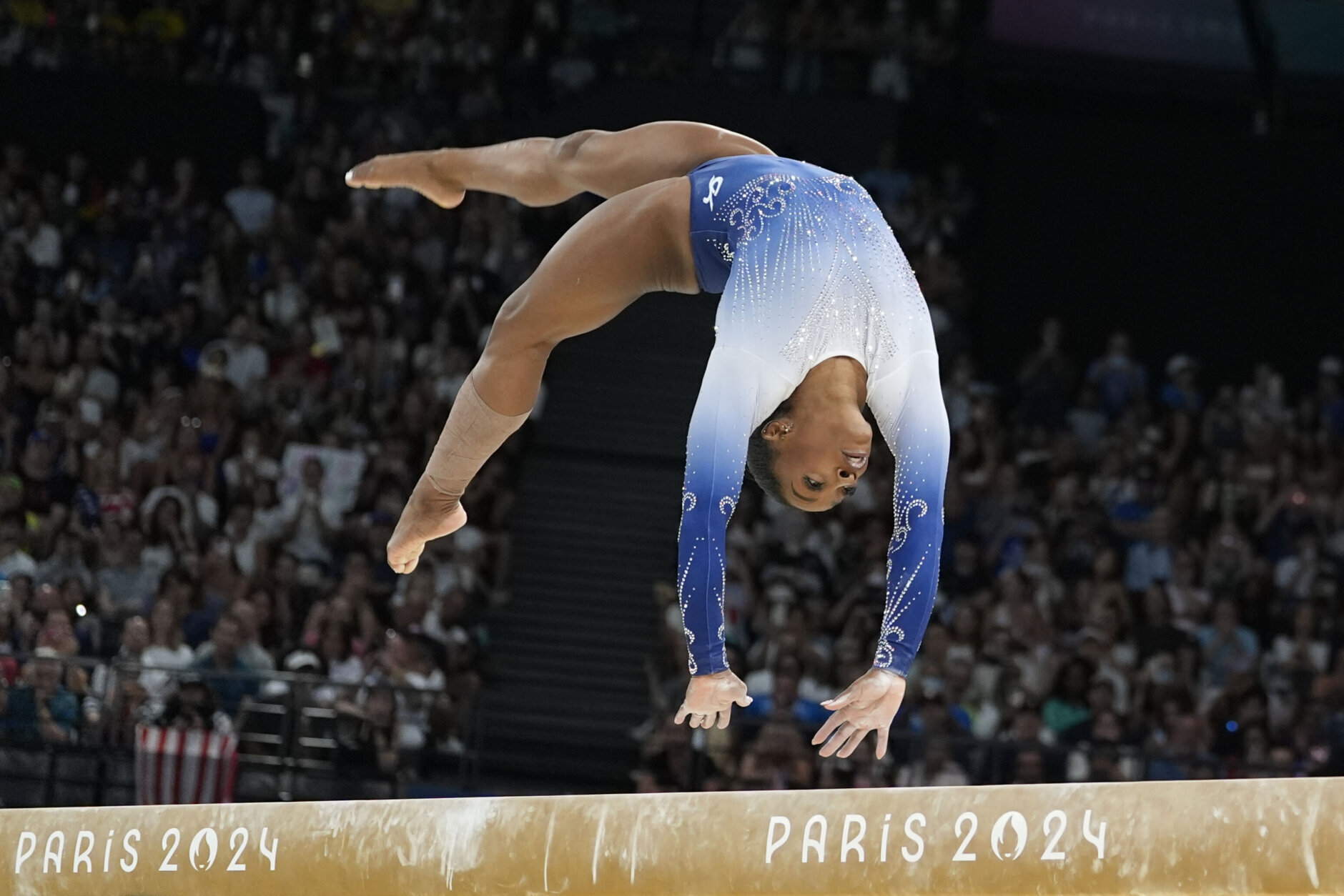 Simone Biles, of the United States, competes during the women's artistic gymnastics individual balance beam finals at Bercy Arena at the 2024 Summer Olympics,