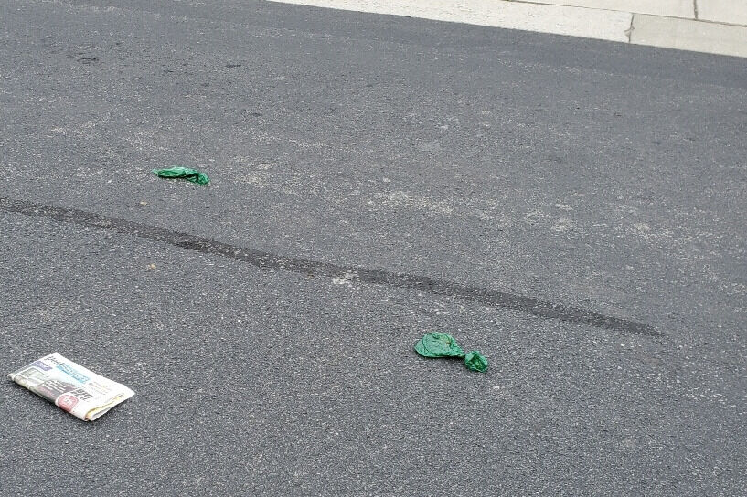 Two bags of dog poop left ion a residential street.