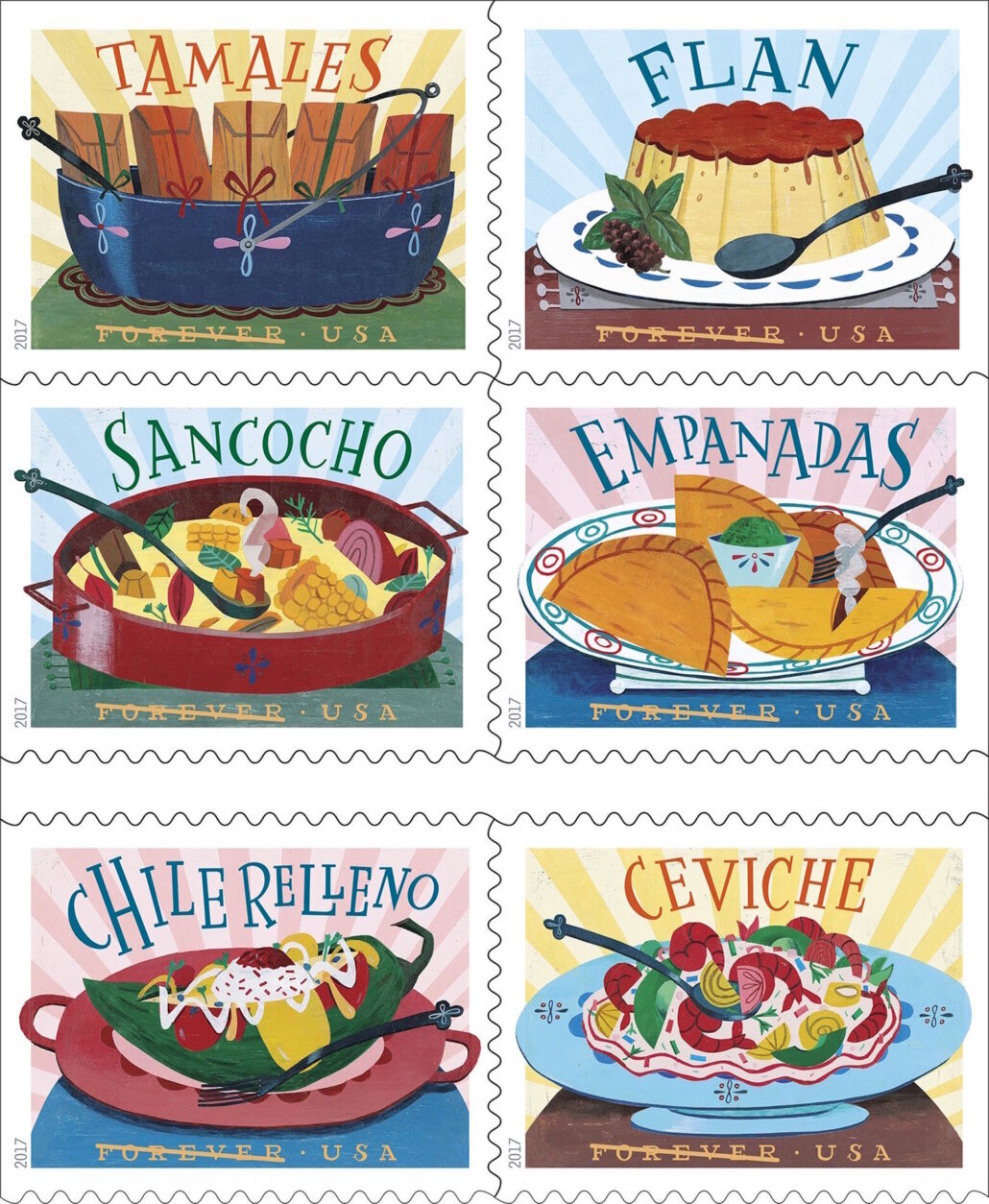 In this undated image provided by U.S. Postal Service shows six new stamps that The U.S. Postal Service is releasing. The tiny works of art are dedicated to the influence of Mexican, Central and South American and Caribbean foods and flavors on American cuisine. The dedication ceremony for the Delicioso Forever Stamps is being held Thursday, April 20, 2017 at the National Hispanic Cultural Center in Albuquerque, N.M. (U.S. Postal Service via AP)