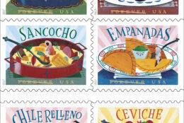 In this undated image provided by U.S. Postal Service shows six new stamps that The U.S. Postal Service is releasing. The tiny works of art are dedicated to the influence of Mexican, Central and South American and Caribbean foods and flavors on American cuisine. The dedication ceremony for the Delicioso Forever Stamps is being held Thursday, April 20, 2017 at the National Hispanic Cultural Center in Albuquerque, N.M. (U.S. Postal Service via AP)