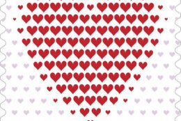 This image released by the United States Postal Service shows the Made of Hearts stamp, the latest in the U.S. Postal Service’s Love series, available now.  Made of Hearts stamp artwork features horizontal lines of red and pink hearts on a white background. Toward the center, red hearts in varying sizes replace pink hearts in a formation that creates one large red heart, the focal point of this graphic design. Antonio Alcalá designed the stamp and was art director for this project.  (USPS via AP)